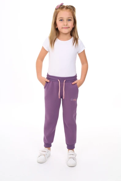 Toontoy Kız Çocuk Nakış Baskılı Beli Paçası Lastikli Cepli Basic Jogger Eşofman Altı 2 İplik ürün görseli 1