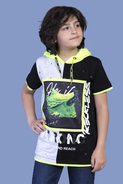 Toontoy Erkek Çocuk Baskılı Kapüşonlu Kısa Kollu Tişört ürün görseli 1