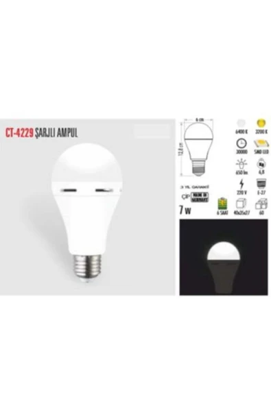 Cata Ct 4229 7 W Şarjlı Led Ampul Beyaz ürün görseli 1