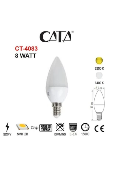 Cata 8 Watt Mum Buji Beyaz Işık Ve Gün Işığı Led Ampül Ct-4083 Gün Işığı ürün görseli 1