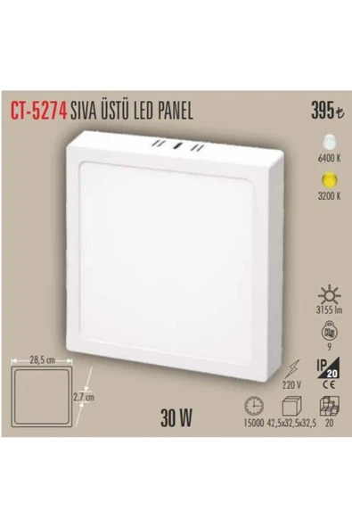 Cata CT-5274 30W Sıva Üstü KARE LED Panel – 6500K Beyaz Işık ürün görseli 1