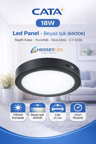 Cata 18W Led Panel - Beyaz Işık (6500K) - Siyah Kasa - Yuvarlak - Sıva Üstü - CT-5235 ürün görseli 1