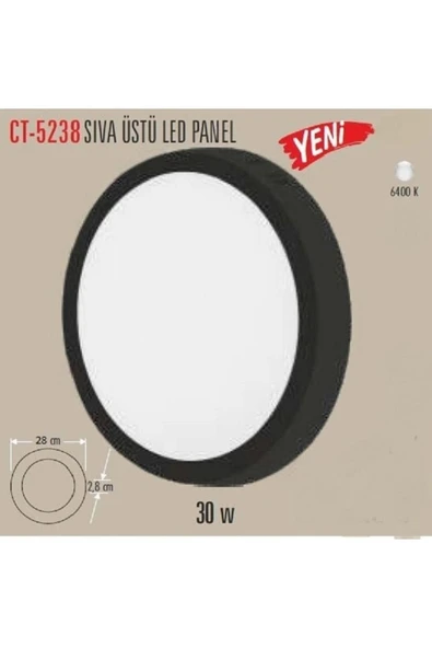 Cata 30 Watt Sıva Üstü Yuvarlak Panel Led Armatür Ct-5238 Alüminyum Siyah Kasa Beyaz Işık ürün görseli 1