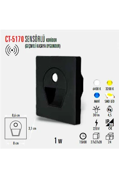 Cata CT-5170 1 WATT SİYAH KASA SENSÖRLÜ KORİDÖR ARMATÜRÜ BEYAZ ürün görseli 1