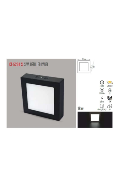 Cata Ct-5234 18w/6400k Alm. S.ü Led Armatür Kare (siyah Kasa) Beyaz ürün görseli 1