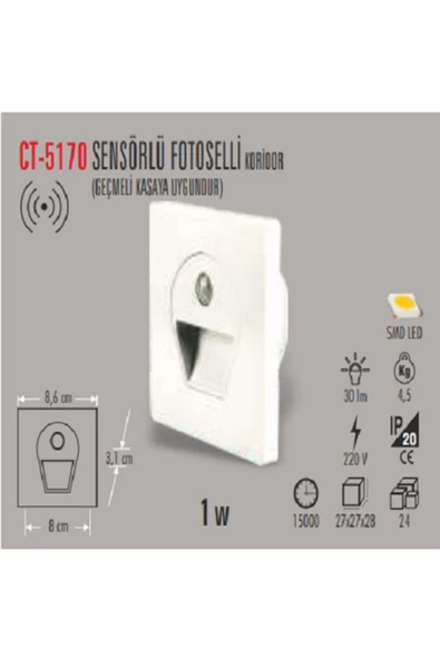 Cata Ct-5170 1w/6400k Sens.ledli Kor. Armatür (beyaz) ürün görseli 1