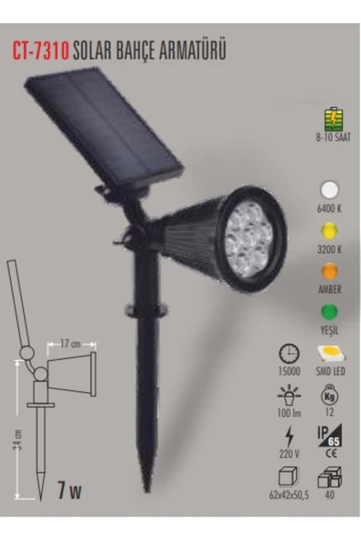 Cata Ct-7310 7w Solar Bahçe Armatürü Beyaz (4adet) ürün görseli 1