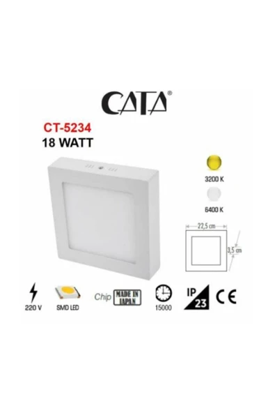 Cata 18w Kare Sıva Üstü Led Panel Armatür - Ct-5234 Alüminyum Kasa Beyaz Işık ürün görseli 1