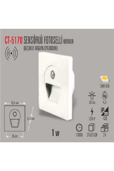 Cata Ct-5170 1w/6500k Sens.ledli Kor. Armatür (beyaz) ürün görseli 1