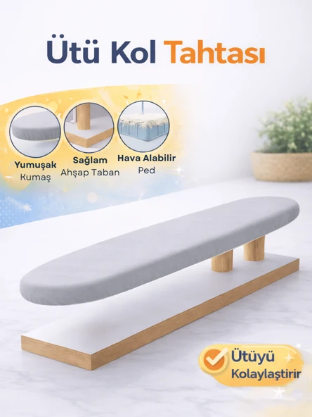 Beylini Ütü Kol Tahtası Kol Ütüleme Aparatı Ahşap Zemin Lastikli Çıkarılabilir Kılıf Yıkanabilir Taşınabilir Şık ve Pratik Tatil Ütü Masası ve Kılıfı10x55 CM ürün görseli 1