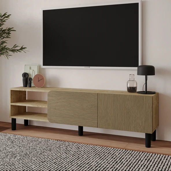 İnarch Dizayn River 150 cm Modern TV Sehpası – Kapaklı ve Raflı Tasarım  Sıcak Meşe/Safir Meşe ürün görseli 1