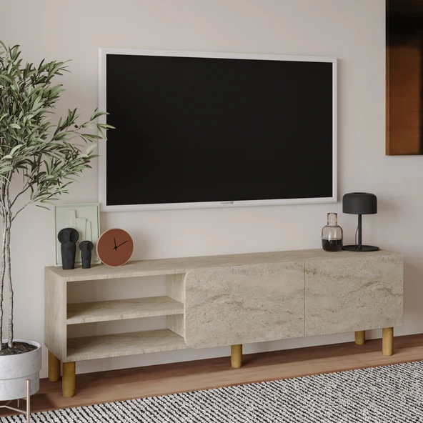 İnarch Dizayn River 150 cm Modern TV Sehpası – Kapaklı ve Raflı Tasarım  Traverten ürün görseli 1