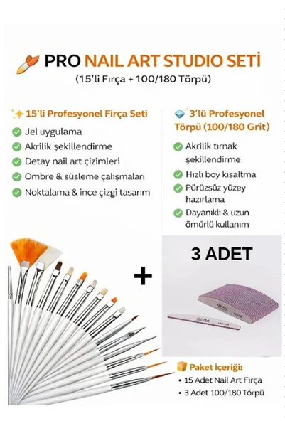 Fontenay Tırnak Desen-SüsFırçaları / Protez Tırnak - Kalıcı Oje / Fırça Seti 15lİ QNAİL Törpü 3 ADET ürün görseli 1