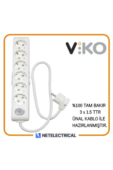 VİKO Multi-let 6'lı 8 Metre Anahtarlı Topraklı Çocuk Korumalı Kablolu Grup Priz ürün görseli 1