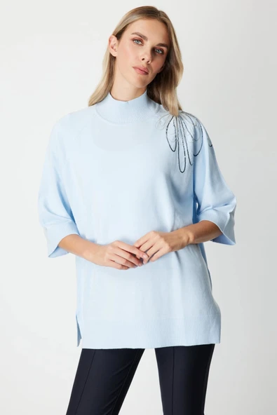 On Fashion Kadın Yarım Kol Tek Omuz Zincirli Mavi Kazak 65381 ürün görseli 1