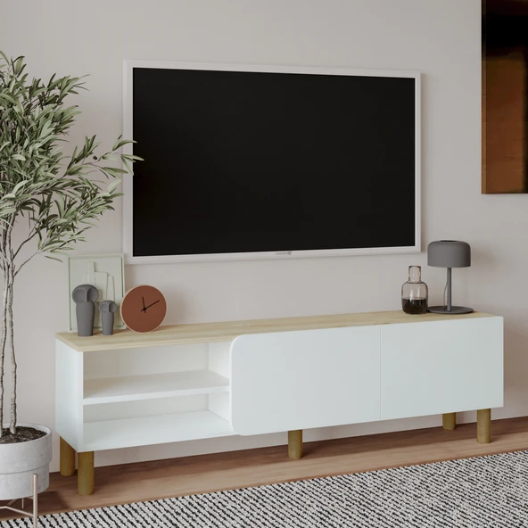İnarch Dizayn River 150 cm Modern TV Sehpası – Kapaklı ve Raflı Tasarım  Beyaz/Safir Meşe ürün görseli 1