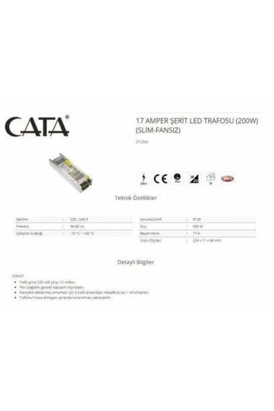 Cata Ct-2561 17 Amper Slim Şerit Led Trafosu Adaptör ürün görseli 1