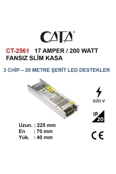 Cata Şerit Led Trafosu Slim Fansız 200w 17 Amper Ct-2561 ürün görseli 1