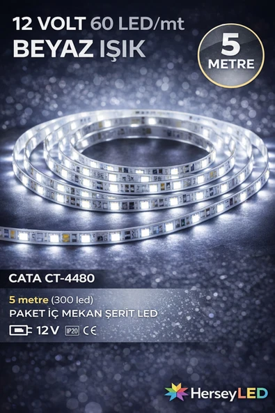 Cata CT-4480 Beyaz 10 Çipli Şerit LED İç Mekan 12V Beyaz 5MT/PAKET ürün görseli 1