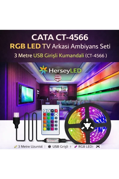 Cata CT-4566 RGB LED TV Arkası Ambiyans Seti – 3 Metre USB Girişli Kumandalı ürün görseli 1