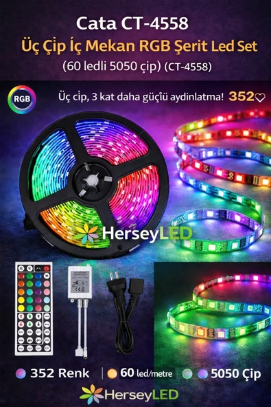 Cata CT-4558 Üç Çip İç Mekan RGB Şerit Led Set (60 ledli 5050 çip) ürün görseli 1
