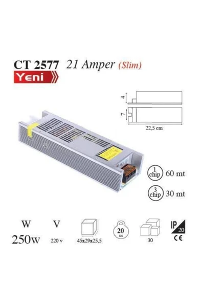 Cata Ct-2577 21 Amper 250 Watt Ultra Slim Şerit Led Trafosu Adaptörü Metal Gövde 1. Kalite ürün görseli 1