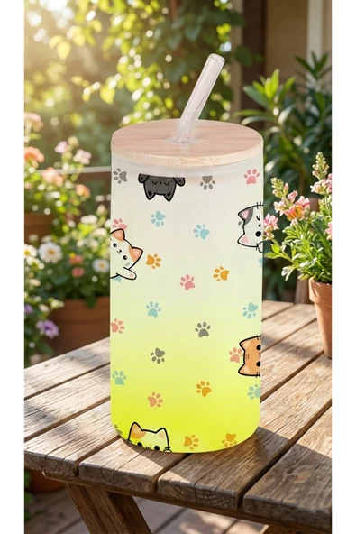 hesaplisiburada Sevimli Kedi Figürlü Buzlu Cam Suluk – 600 ml Cam Pipetli & Bambu Kapaklı ürün görseli 1