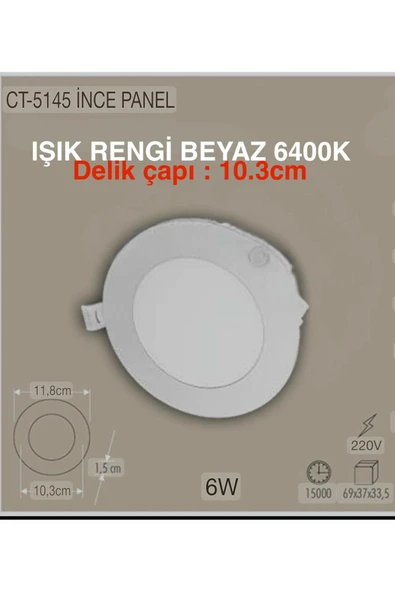Cata 10 Adet 6 Watt 5145B Slim Led Panel Beyaz Işık Metal Kasa (delik Çapı : 10,5cm) ürün görseli 1