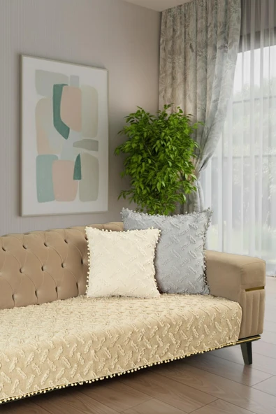Ponela Bohem Ponponlu Koltuk Örtüsü 90x200 cm Sadece Oturma Alanı (1 Adet )- Bej ürün görseli 1