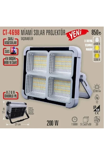Cata CT-4698 TAŞINABİLİR ŞARJLI SOLAR PROJEKTÖR (200W) ürün görseli 1
