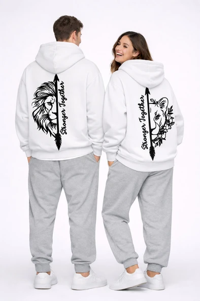 Stronger Together Yazılı Aslan Kaplan Baskılı Beyaz Sevgili Kombini Oversize Hoodie ürün görseli 1