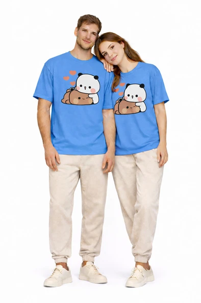 Sevimli Panda Baskılı Sevgili Kombini Çift Tişört Oversize Unisex Çift Kombin 2'Li Set ürün görseli 1