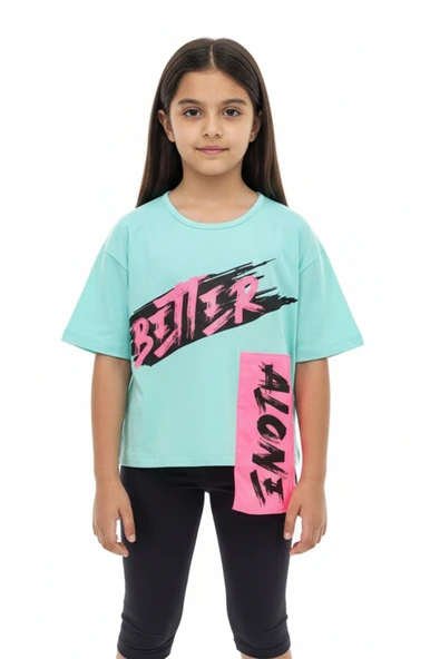 Toontoy Kız Çocuk Baskılı Bisiklet Yaka Kısa Kollu Asimetrik Tişört ürün görseli 1