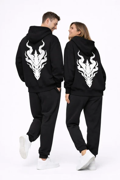 Unisex Ejderha Baskılı Beyaz Sevgili Kombini Oversize Hoodie Seti ürün görseli 1