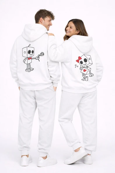 Robot Baskılı Sevgili Kombini Oversize Hoodie Seti Kadın Erkek Unisex ürün görseli 1