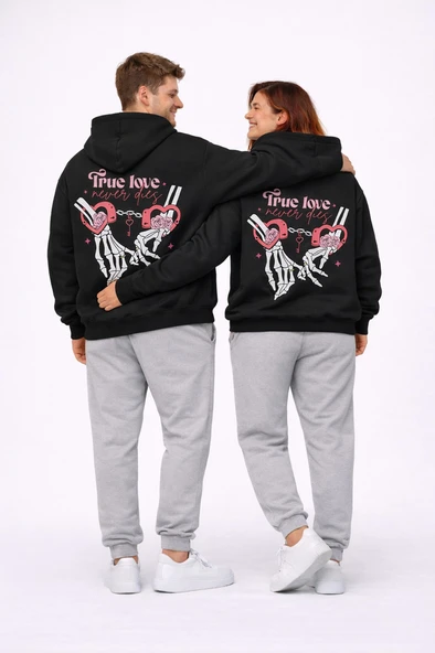 Sevgili Kombini True Love Baskılı Oversize Siyah Hoodie Seti Unisex ürün görseli 1