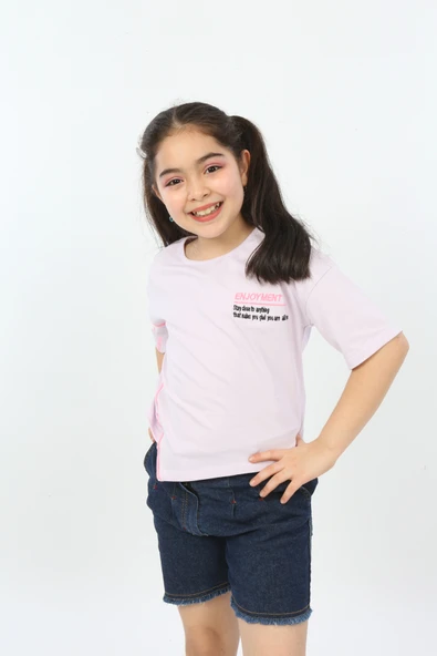 Toontoy Kız Çocuk Baskılı Bisiklet Yaka Kısa Kollu Asimetrik Tişört ürün görseli 1