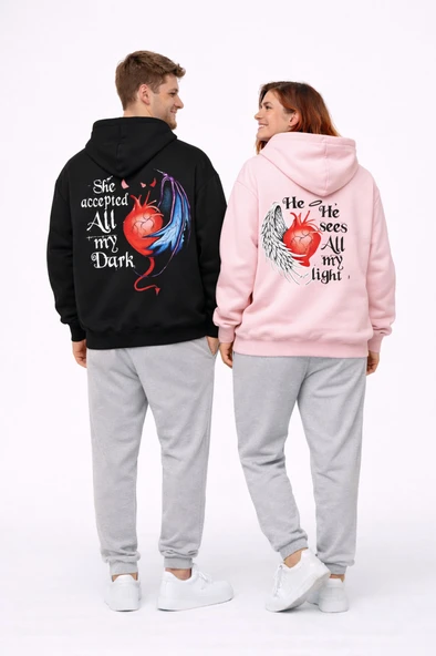 Sevgili Kombini Melek Şeytan Kalp Baskılı Oversize Hoodie Seti Kadın Erkek ürün görseli 1