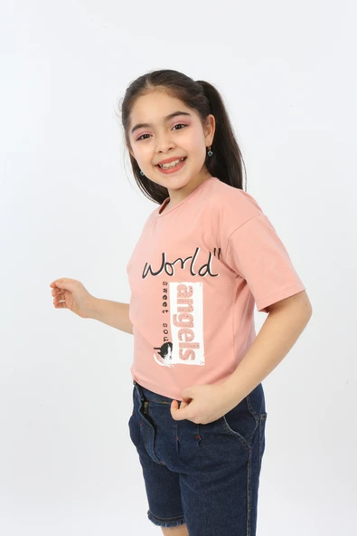 Toontoy Kız Çocuk Baskılı Bisiklet Yaka Kısa Kollu Tişört ürün görseli 1