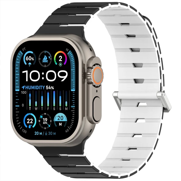 iWatch Ultra 1 2 3 49mm Ventra Spor Silikon Kordon Çift Renk Metal Tokalı  Siyah ürün görseli 1