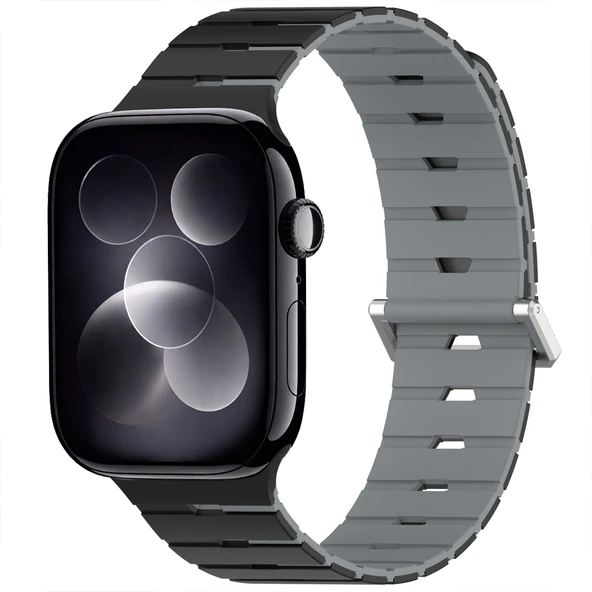 iWatch 7 8 9 10 11 Series 42/44/45/46mm Ventra Spor Silikon Kordon Çift Renk Metal Tokalı  Füme ürün görseli 1