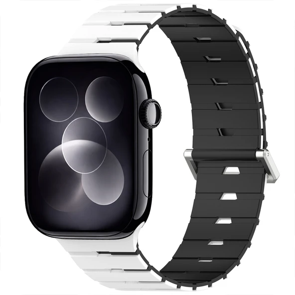 iWatch 7 8 9 10 11 Series 42/44/45/46mm Ventra Spor Silikon Kordon Çift Renk Metal Tokalı  Beyaz ürün görseli 1