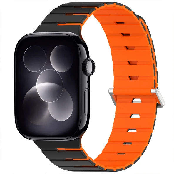 iWatch 7 8 9 10 11 Series 42/44/45/46mm Ventra Spor Silikon Kordon Çift Renk Metal Tokalı  Turuncu ürün görseli 1