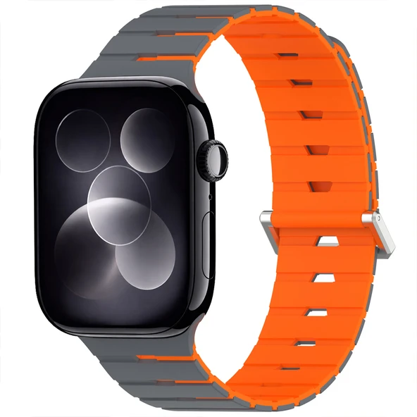iWatch 7 8 9 10 11 Series 42/44/45/46mm Ventra Spor Silikon Kordon Çift Renk Metal Tokalı  Koyu Gri ürün görseli 1