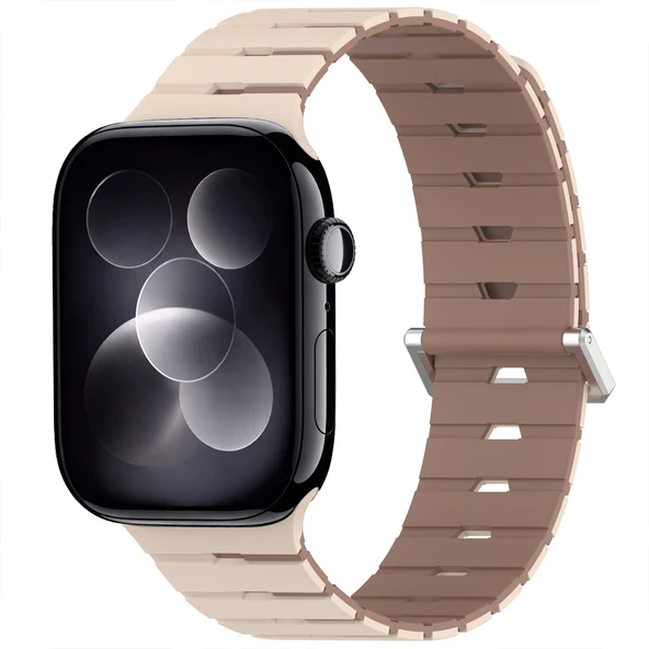 iWatch 7 8 9 10 11 Series 42/44/45/46mm Ventra Spor Silikon Kordon Çift Renk Metal Tokalı  Bej ürün görseli 1