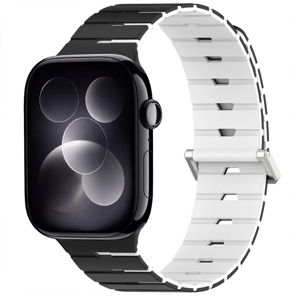 iWatch 7 8 9 10 11 Series 42/44/45/46mm Ventra Spor Silikon Kordon Çift Renk Metal Tokalı  Siyah ürün görseli 1
