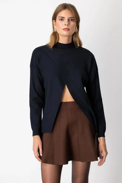 On Fashion Kadın Dik Yaka Çapraz Siyah Kazak 65343 ürün görseli 1