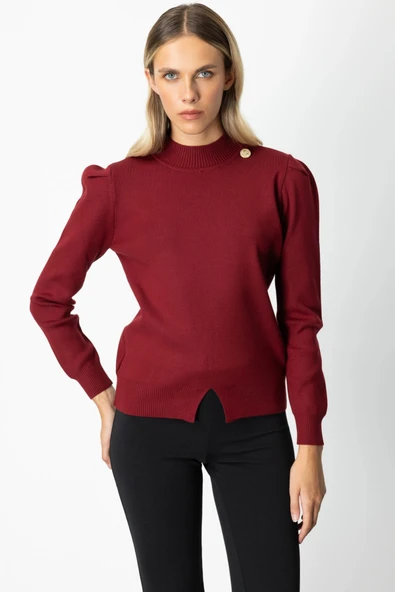 On Fashion Kadın Düğmeli Omuz Detaylı Bordo Kazak 65331 ürün görseli 1