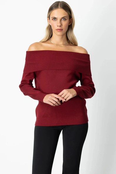 On Fashion Kadın Omzu Açık Bordo Kazak 65380 ürün görseli 1