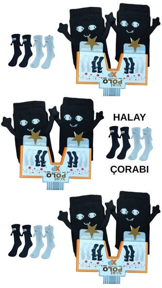 3 Çift Mıknatıslı El Ele Halay Çeken Görünümlü Gülücüklü Penye Kolej Çorabı Siyah ürün görseli 1
